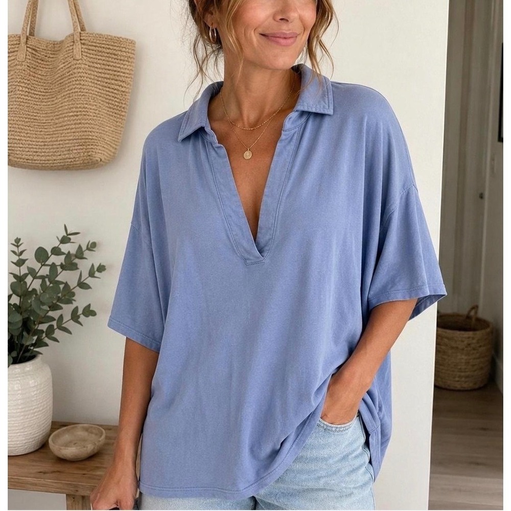 Athleta Westwood Blue Collared V-Neck Oversized Top Medium Box Fit